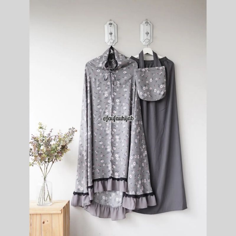 Mukena Rimpel bunga kecil Abu sedang ori faufauhijab