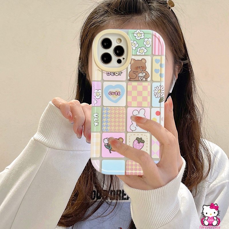 Ins Kotak-Kotak Soft Case Realme C53 C55 10 Pro Plus C30 C35 C17 C21Y C25Y 9i 9 8i 8 8Pro C25S C11 2021 C25 C31 C20 C12 C3 5i 6i 6 5 7 7i 6S Strawberry Kartun Beruang Kelinci Lucu Sarung