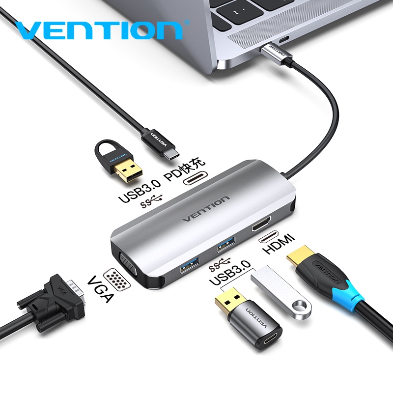 ( Bisa Cod ) Vention USB HUB Type C 3.1 to USB 3.0 HDMI VGA PD MACBOOK THC TGS