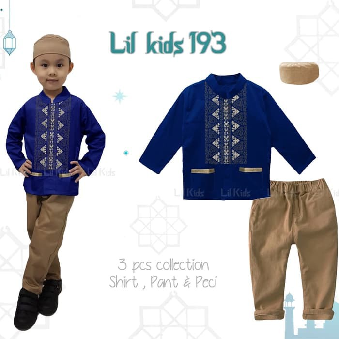 Setelan Koko / Baju Koko Anak+Peci: LK 193 B KIDS BIRU DONGKER  (2-7 Tahun)