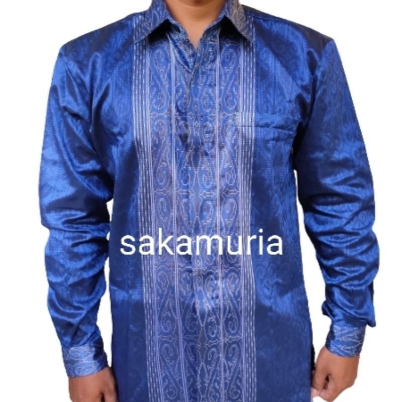 Kemeja Songket Biru | Kemeja Songket Pria Biru | Kemeja Songket Gorga | Kemeja Batak