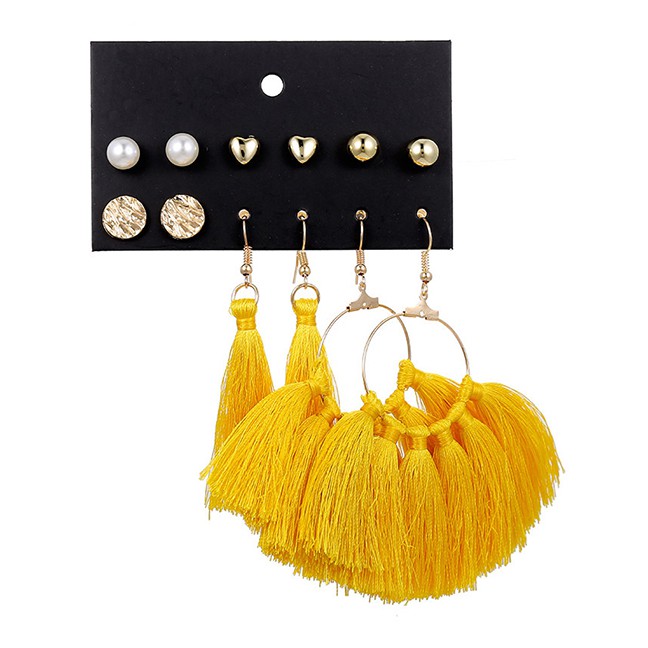 LRC Anting Set Fashion Yellow 6 Pairs Of Fan-shaped Fringed Pearl Heart-shaped Earrings F37653