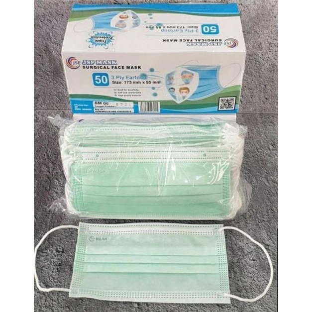MASKER MEDIS SURGICAL JSP  3PLY EARLOOP / masker jsb isi 50 / masker hijau earloop isi 50 / masker e