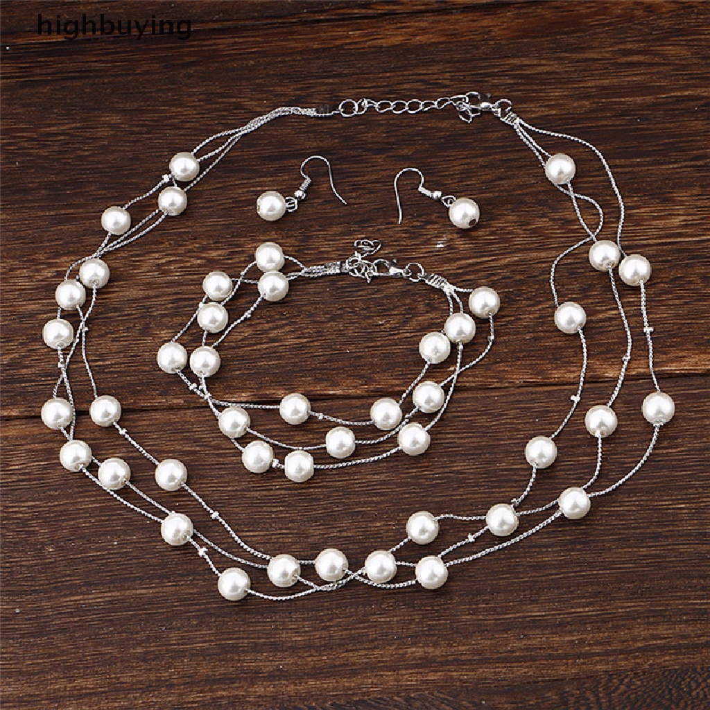 Hbid Set Kalung + Anting + Gelang Mutiara Multilayer Untuk Pengantin Wanita