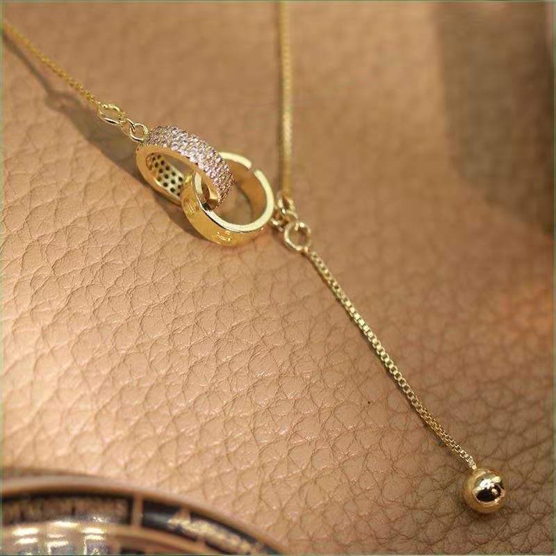 Kalung Rantai Sterling Silver 925 Liontin Cincin Hias Berlian Imitasi Untuk Wanita