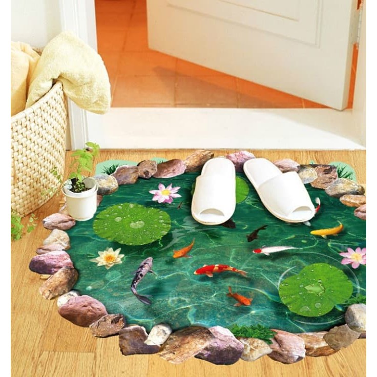 Stiker Dekorasi Lantai 3D Motif Kolam Kecil Ikan Koi