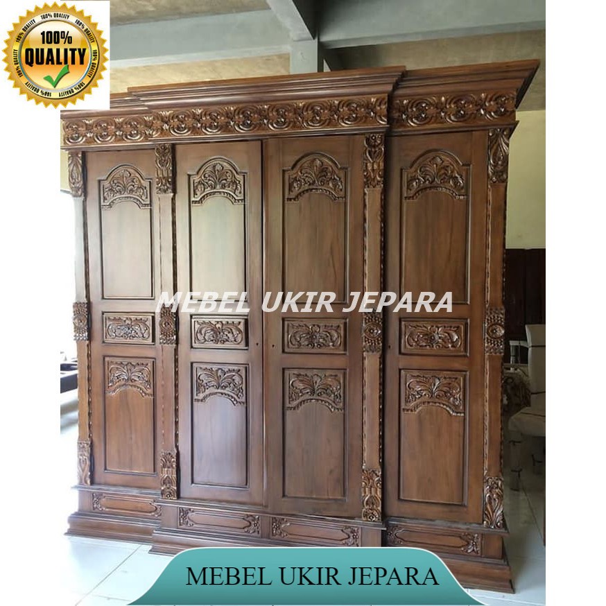 lemari pakaian gebyok kayu jati 4 pintu, lemari furniture jepara