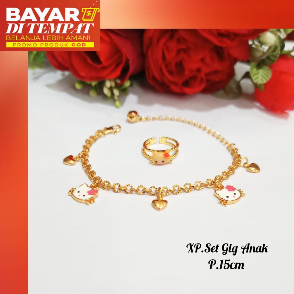 Gelang TITANIUM jurai Anak hello Kitty cat free cincin,Gold tidak berkarat