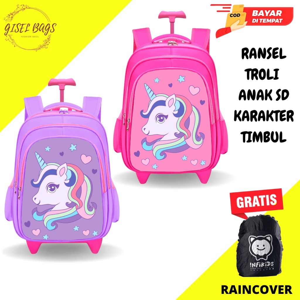 GB-Tas ransel troli anak perempuan SD tas ransel troli timbul tas ransel troli karakter lucu tas ransel troli import