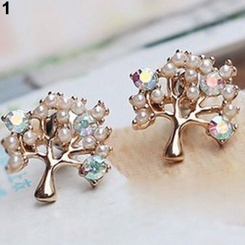 Hu Hu Hu Hu Hu Alat Bantu Pasang Kacamata♡ Anting Stud Bentuk Pohon Kecil Aksen Mutiara Berlian Imitasi Untuk Wanita