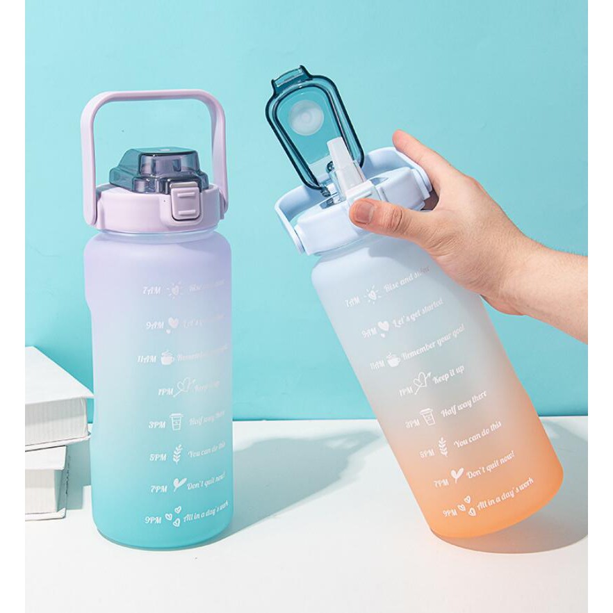 BOTOL MINUM MOTIVASI 2 LITER TUTUP FLIP BPA Free + SEDOTAN