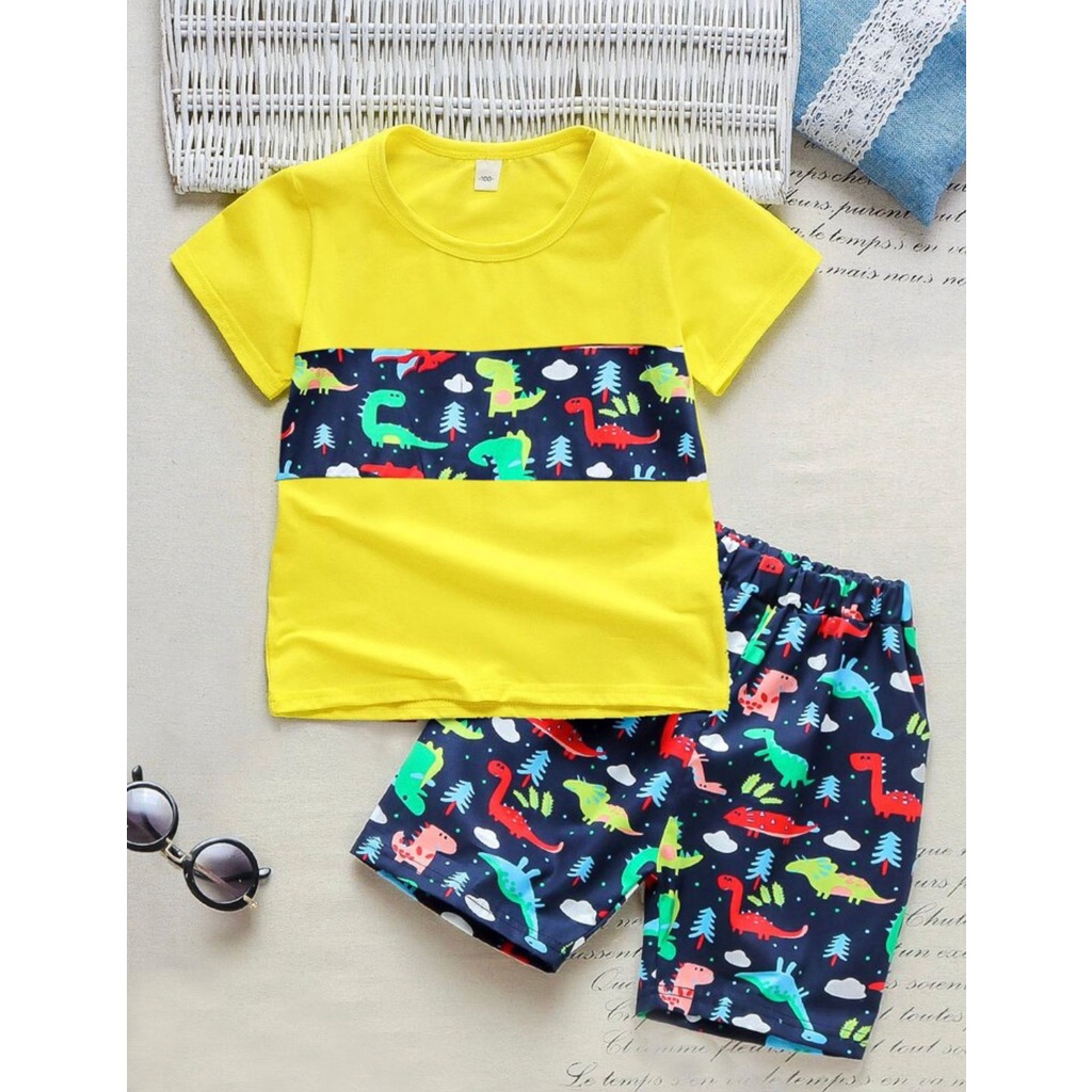 SETELAN ANAK BAJU KAOS BAHAN KATUN CELANA PENDEK UMUR 1-5 TAHUN MOTIF DINNOO BAJU ATASAN ANAK LAKI LAKI PEREMPUAN TERBARU OUTFIT ANAK MASA KINI FASHION ANAK TERMURAH