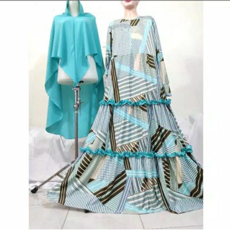 Gamis misbi kriwil susun set khimar motif garis garis
