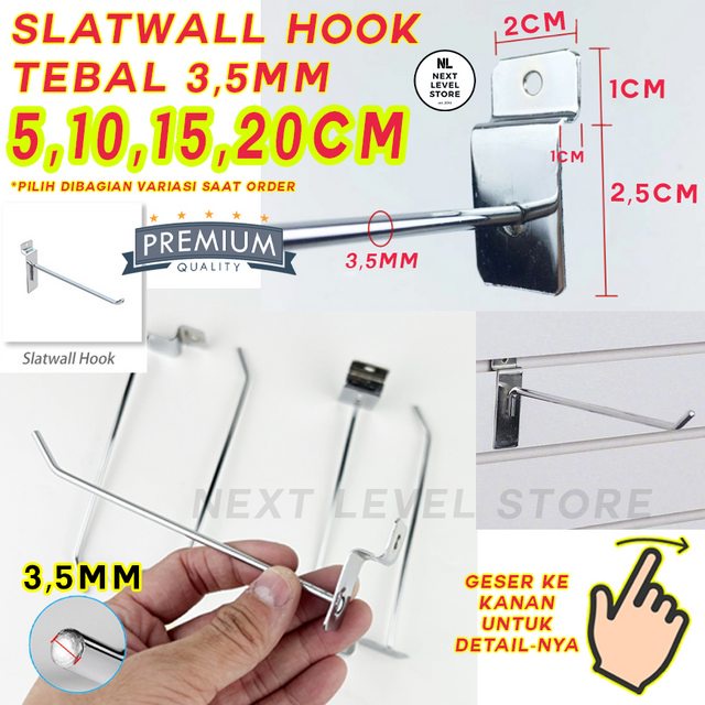 Slatwall Hook Cantolan 5 10 15 20 CM TEBAL 3,5mm Stainless Slat Slot Gantungan Rak Display Aksesoris