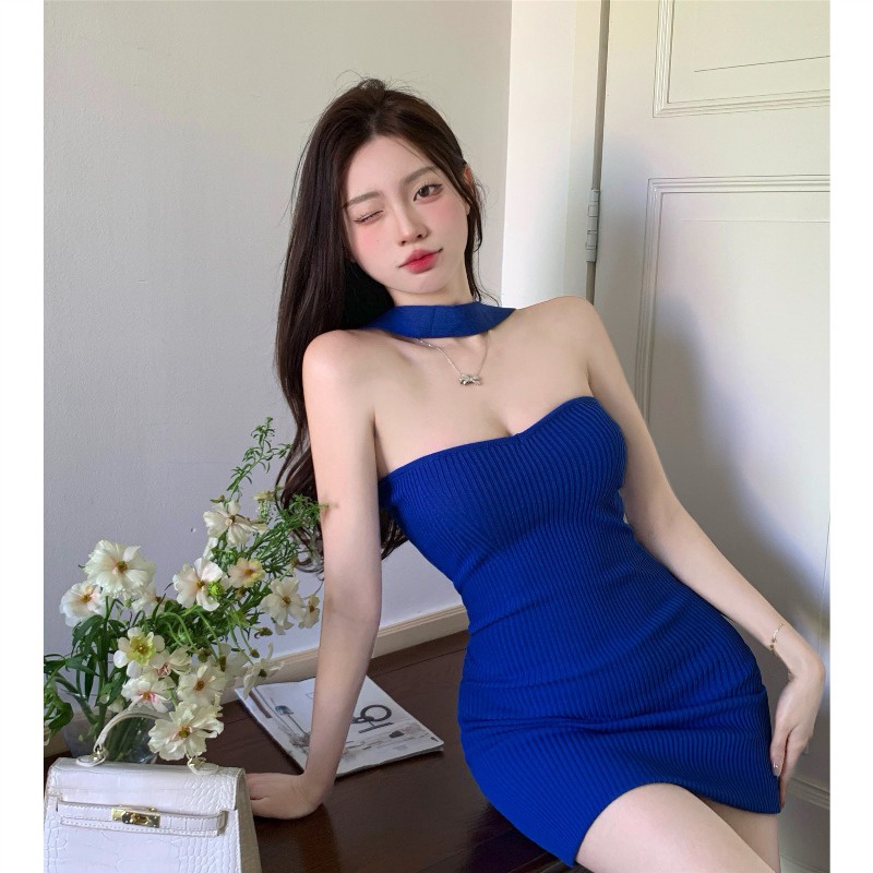 Mini Dress Biru Halterneck Rajutan Gaun Wanita Musim Panas Bahasa Perancis Gadis Panas Satu Kata Tas