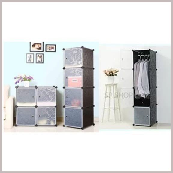 Lemari Baju Pakaian Plastik DIY 4 Pintu Portable - Black