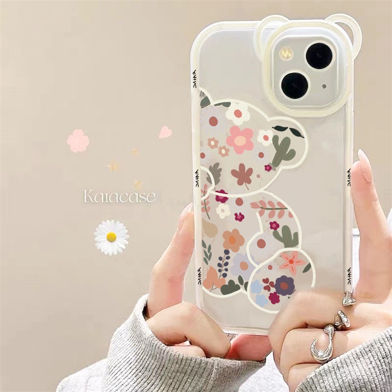 Soft Case Silikon TPU Transparan Motif Bunga Beruang Untuk case hp Compatible for iPhone 14 13 12 11 Pro Max X Xr Xs Max SE 2020 8 7 6 6s Plus Clear Floral Bear Phone Case Silicone Soft TPU handphone murah casing cover Lens Protector Shockproof Back Cover