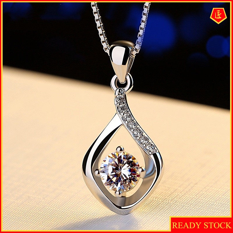 [Ready Stock]Stylish Water Drop Silver Plated Diamond Pendant Necklace