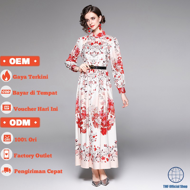 TMF Floral Dress Muslim Wanita Vintage Lengan Panjang Party Maxi Dress 142-8594