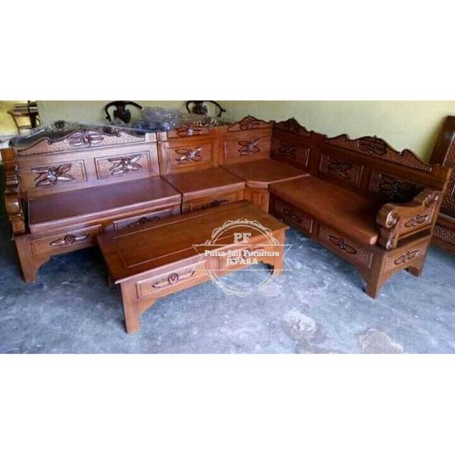 Meja Kursi Sudut Kayu Jati Plus Busa/ Matras - Kursi Ukir Jepara