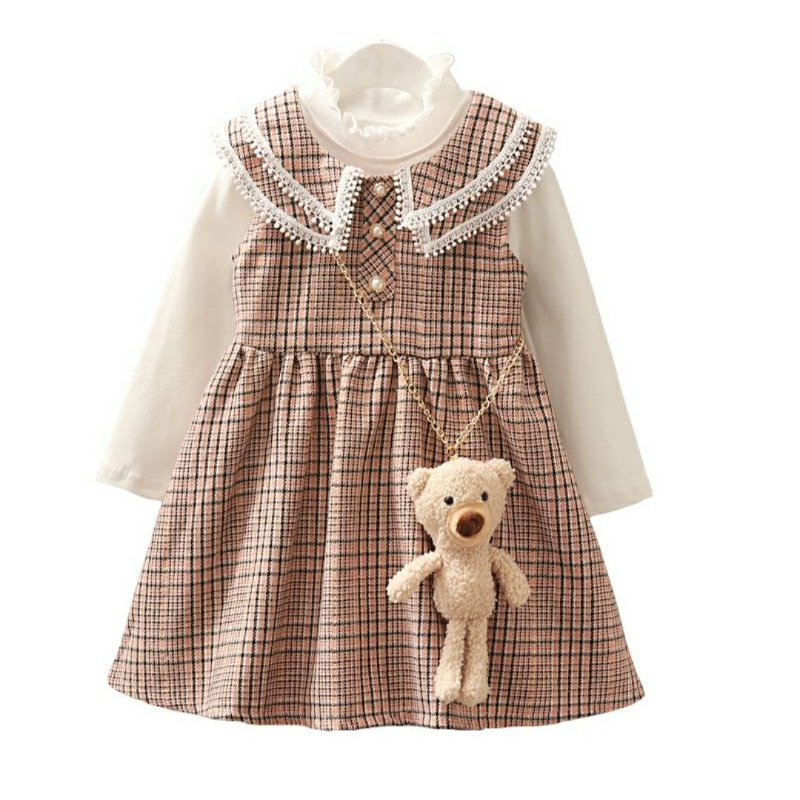 DRESS ANAK 2IN1 TWEED IMPORT PREMIUM FREE BONEKA