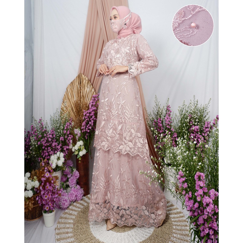 Gamis Brukat Jumbo - Gamis Brukat Malaysia - Gamis Brukat Terbaru  (FREE HIJAB)-Rose Gold