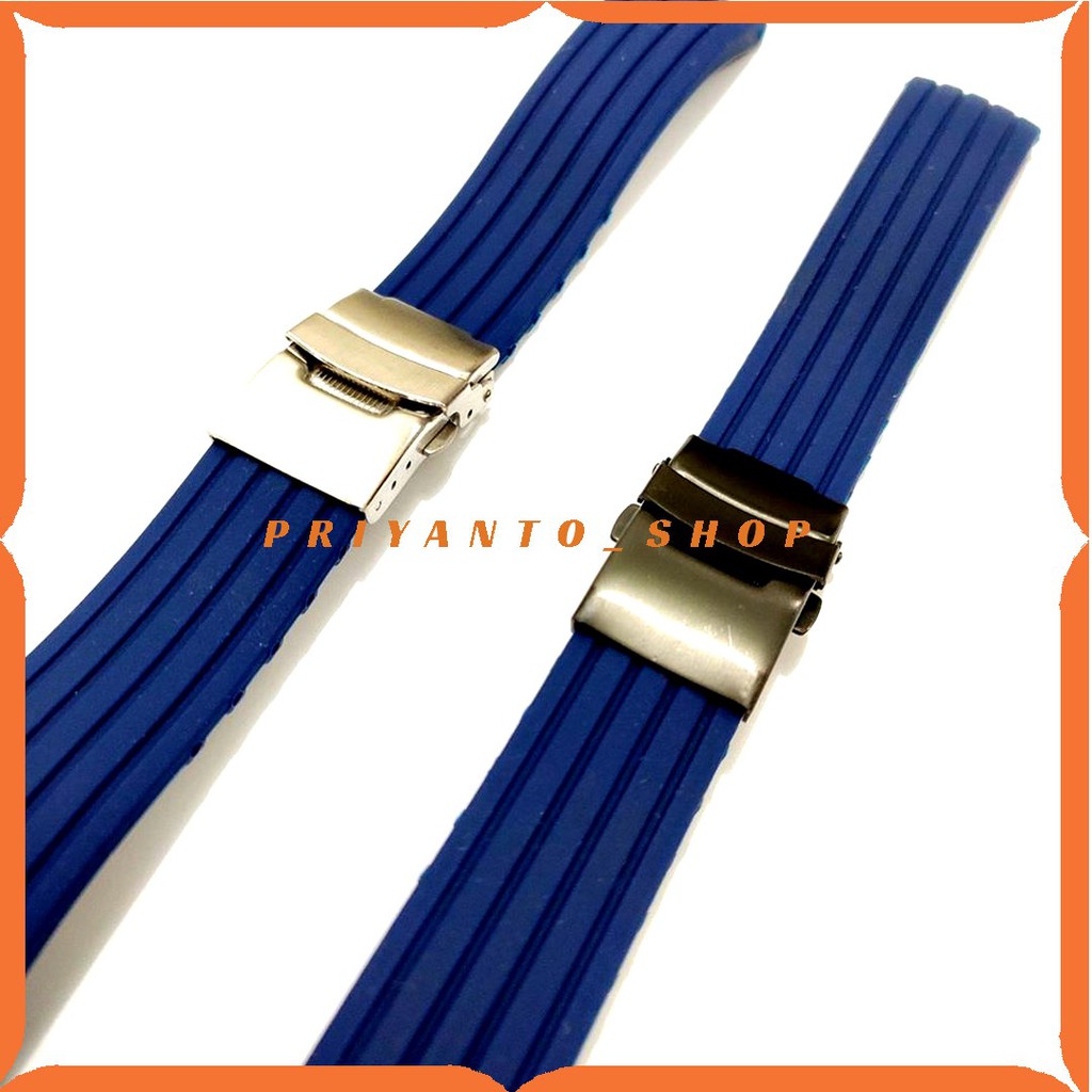 Strap Tali Jam Tangan Rubber Model Salur 18mm 20mm 22mm 24mm biru Navy