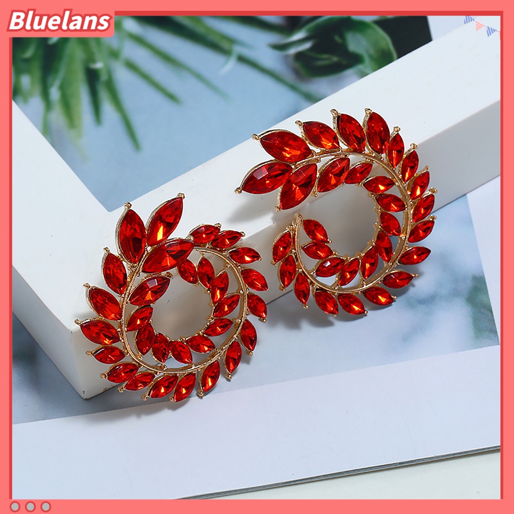 Bluelans 1 Pasang Anting Stud Cubic Zirconia Bentuk Cabang Daun Geometris Bulat Bahan Alloy Untuk Wanita