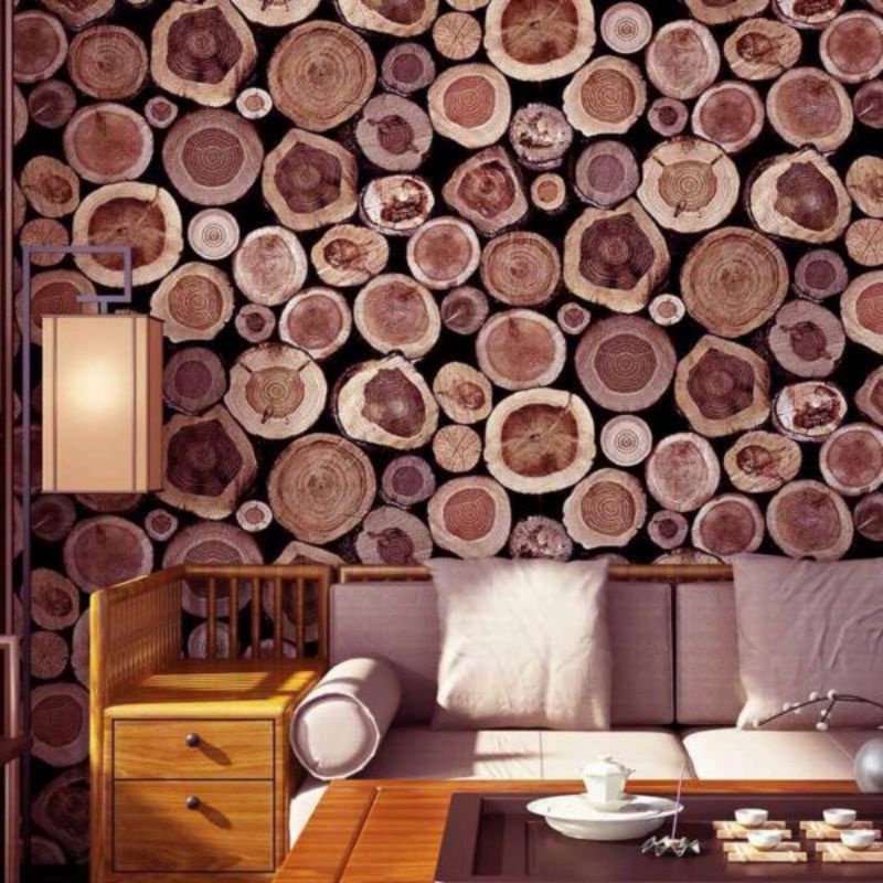 Wallpaper Dinding Coklat Bahan Pvc Motif Kayu Balok Stiker Dekorasi Ruang Tamu Kamar Pelapis Plafon 