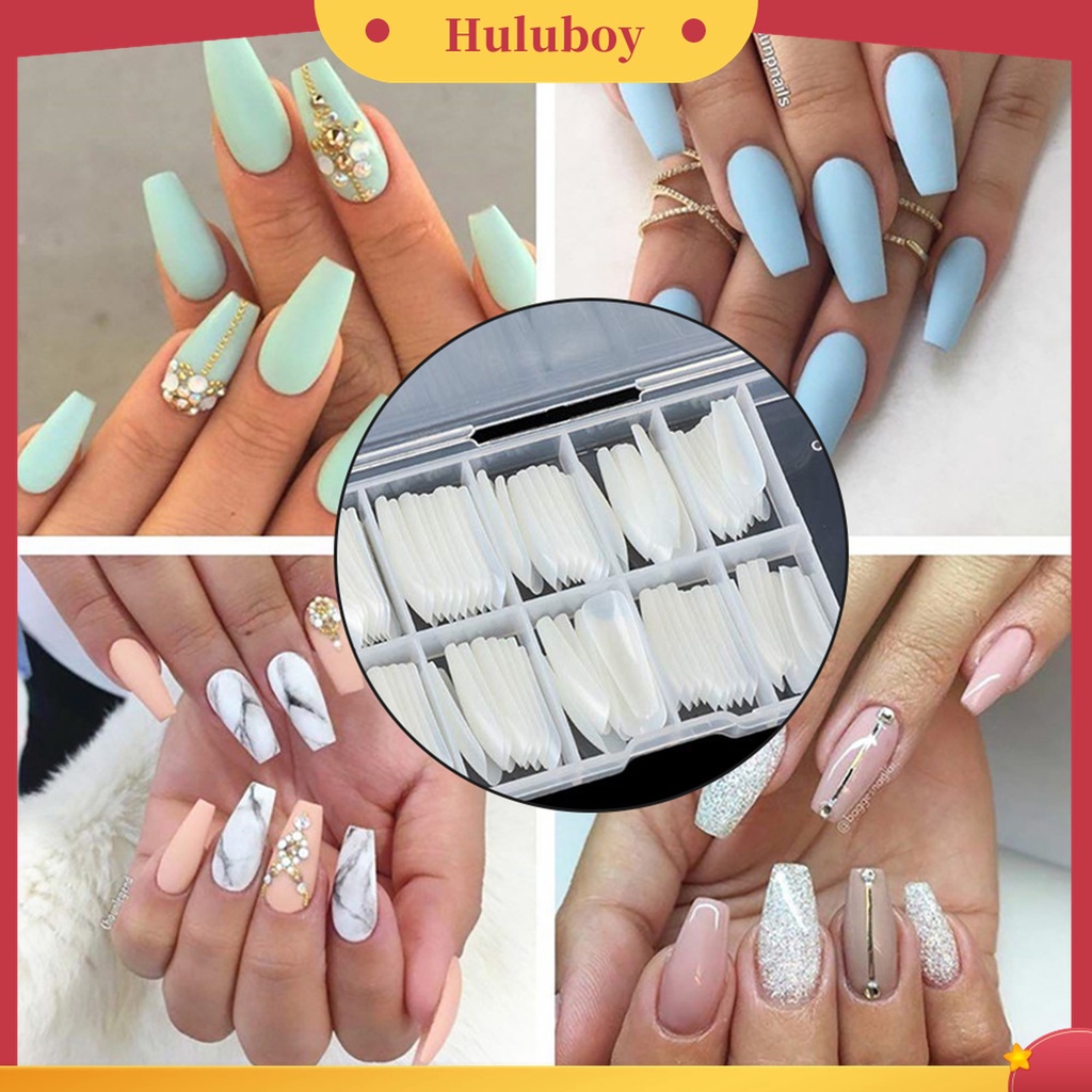 Huluboy Huluboy♡ 100pcs Kuku Palsu Full Cover Natural Dengan Kotak Untuk Wanita