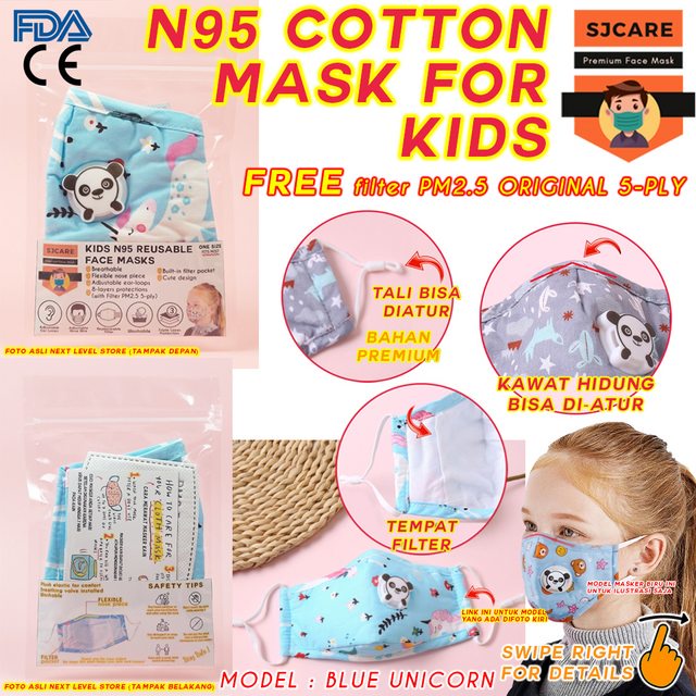 SJCare Masker Anak Premium Kids Katup Respirator FREE FILTER PM 2.5 - Blue Unicorn