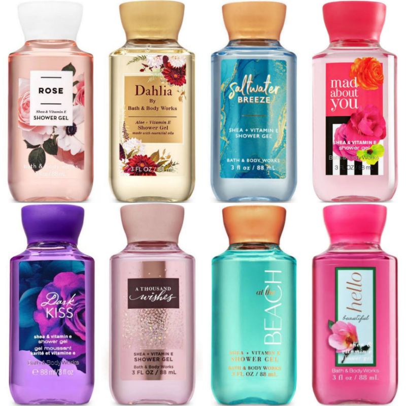 BATH &amp; BODY WORKS BBW SHEA ALOE + VITAMIN E SHOWER GEL 3 IN 1 HAIR, FACE &amp; BODY WASH + FOAM BATH 88 ML YOU'RE THE ONE IN A MILLION DARK KISS  ROSE DAHLIA SALTWATER BREEZE MAD ABOUT YOU  MARBLE MIX SHOWER GEL 89 ML SUMMER MELODY BUTTERCUPS bERRY BELLINI