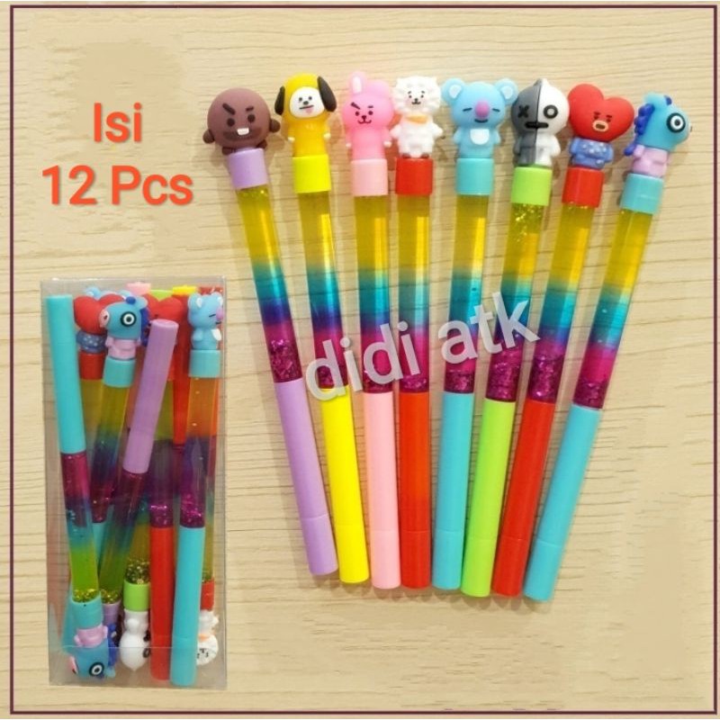 

Pulpen Pena Gel Glitter BT21 / Pen Karakter BTS 0.5mm 12 Pcs