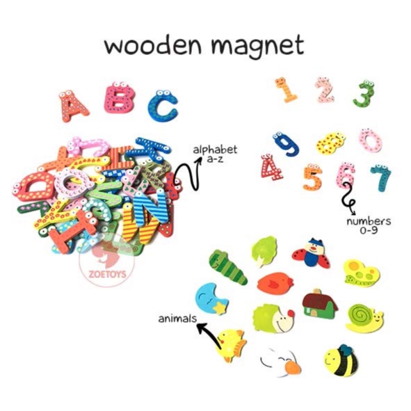 Zoetoys Wooden Magnet - Numbers 0-9 Alphabet A-Z Animals | Magnetic Refrigerator Kulkas | Mainan Edukasi Anak