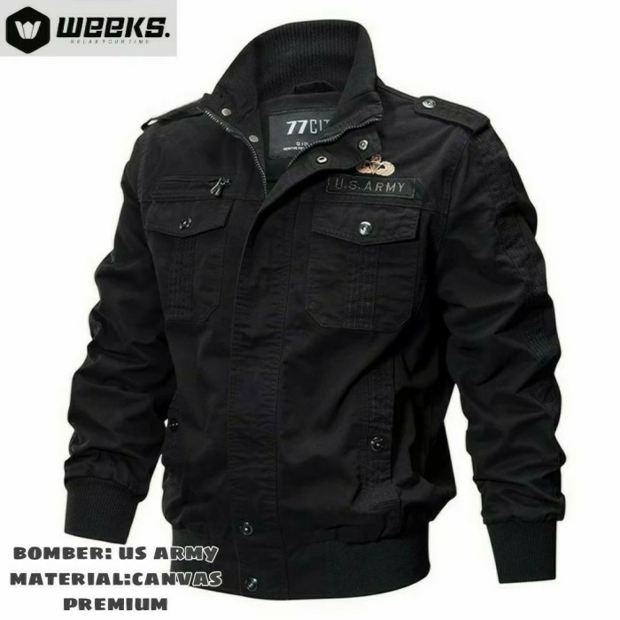 JAKET BOMBER US ARMY JAKET BOMBER CANVAS PRIA JAKET PRIA TERLARIS - Hitam, M(V2E4) Jaket Pria Parasu