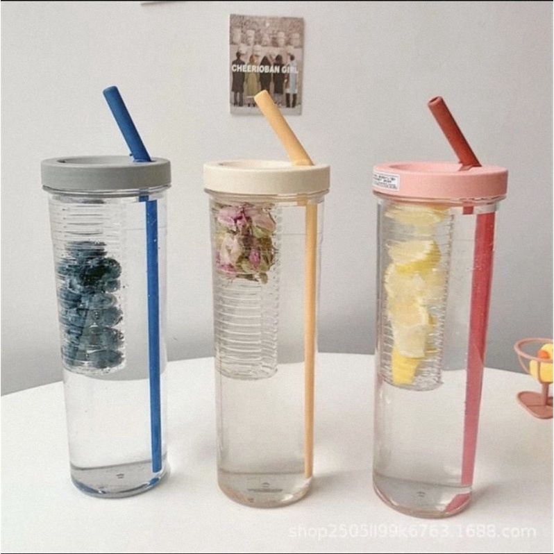 BOTOL MINUM INFUSED Water Transparan dengan Sedotan Lipat 700ml