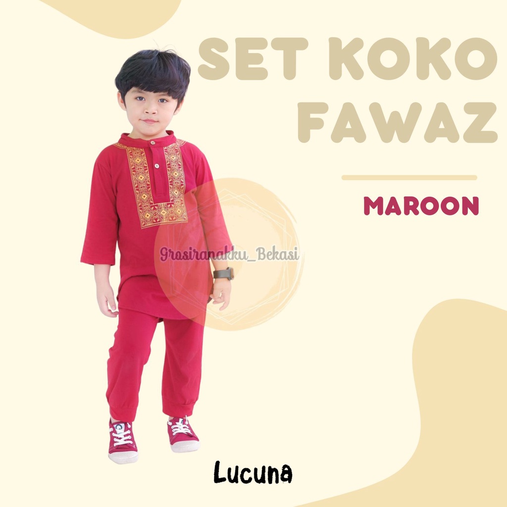 Setelan Koko Anak Fawaz Lucuna Warna Maroon Size 1-5 Thn