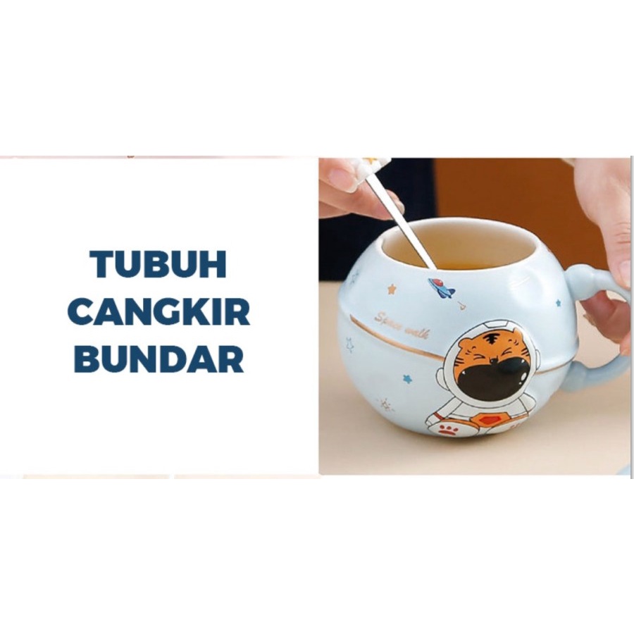 Set Gelas Cangkir Mug Keramik Sendok Pemanas Listrik Planet Astronot Souvenir Kado