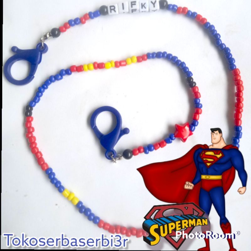 Kalung Masker anak tema Superman/Strap masker anak (bisa request nama/warna/motif)