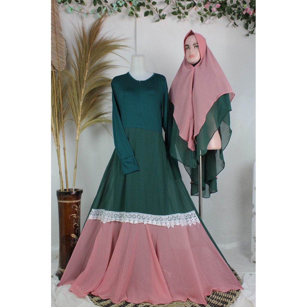 Gamis set ceruty babydoll MAHESWARI jersey mix ceruty RENDA bawah