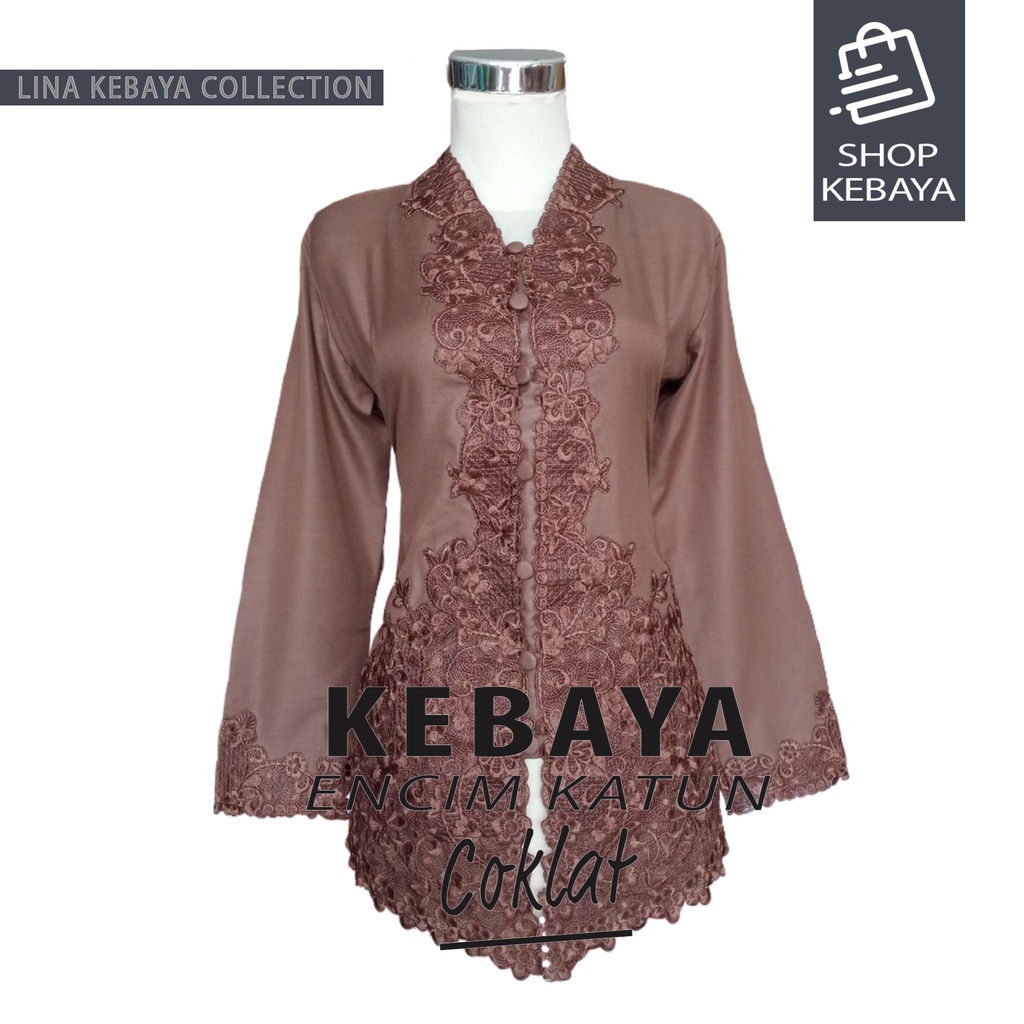 Kebaya Encim Kartini Katun Bordir Modern Coklat Mimosa Lengan Panjang Bigsize Jumbo
