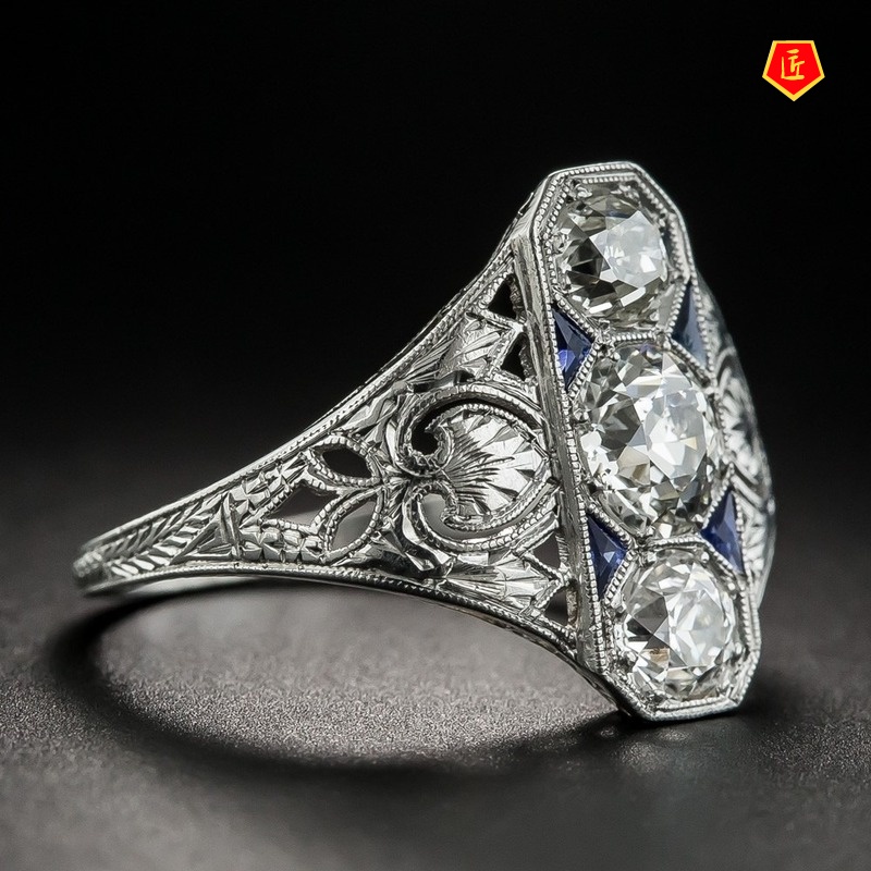 [Ready Stock]Triangle Three Diamond Blue Gem Topaz Ring