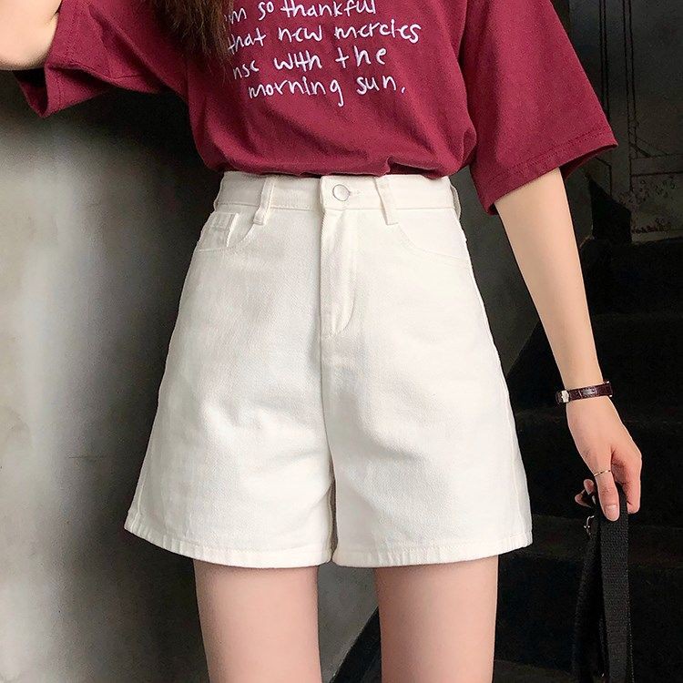 Celana pendek denim loose high waist casual wanita Korean style