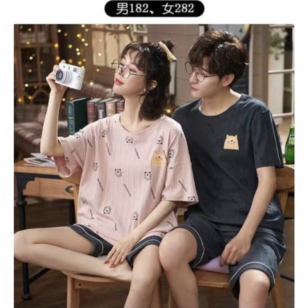 Baju tidur piyama couple bahan kaos import lengan pendek celana pendek