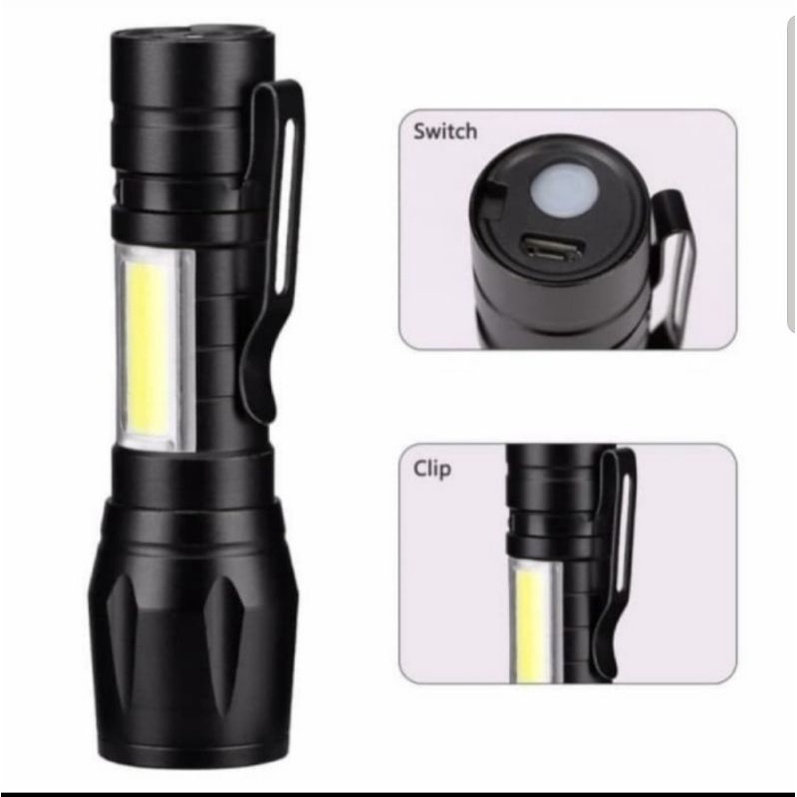 Senter polis mini CPE +COB Led zoom usb charge