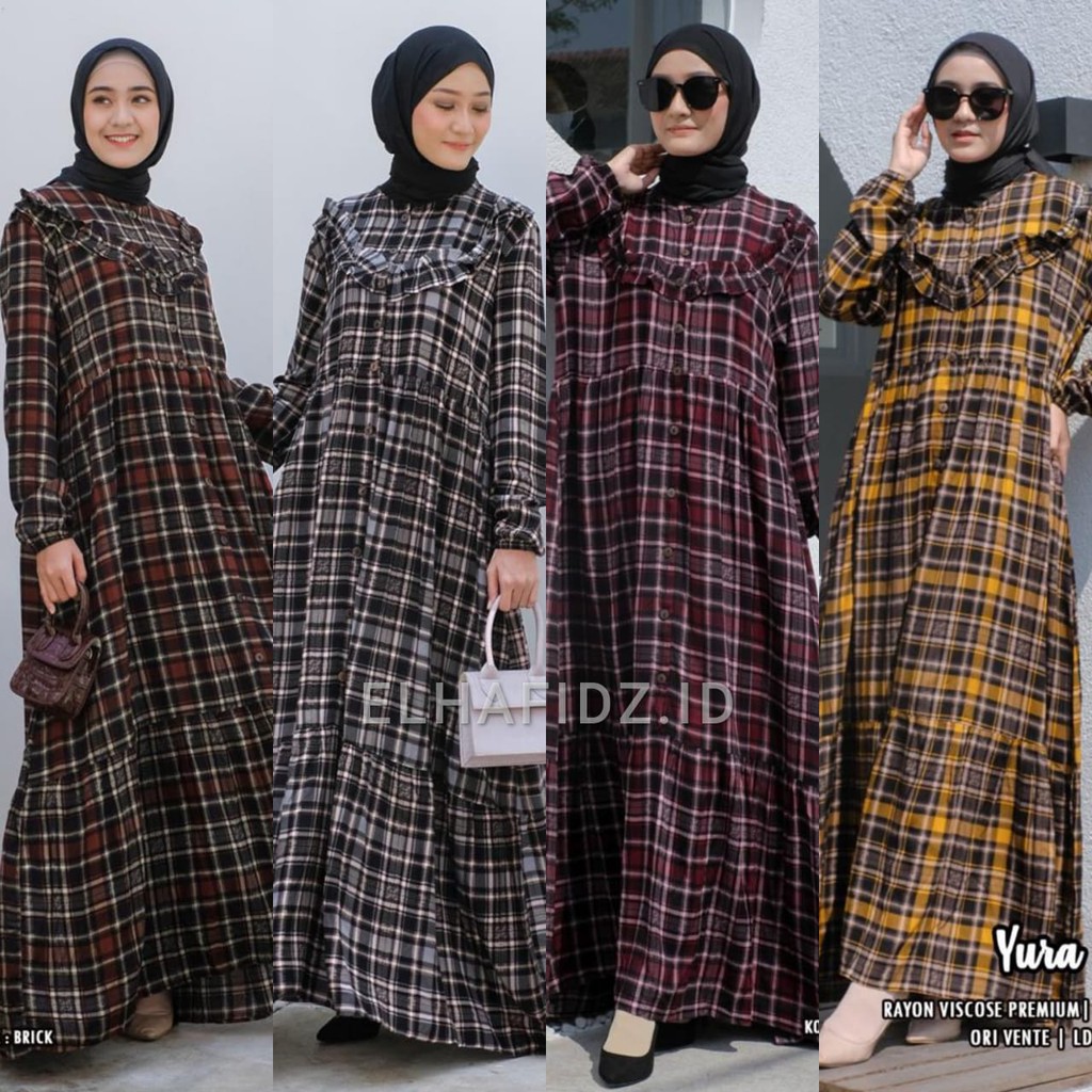 Vente Daily Yura Maxy Dress Rayon Motif Kotak Maxi Gamis Muslim Wanita Jumbo LD 115 Busui