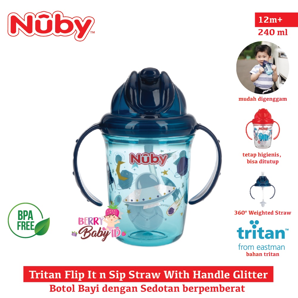 Nuby Tritan Flip It Straw With Handle Glitter Botol Training Cup Bayi Botol Sedotan Bayi Anak BPA Free Berry Mart