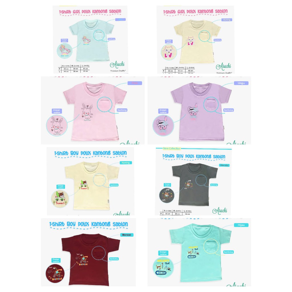 TSHIRT POCKET TEE SABLON / POLOS ARUCHI BOY &amp; GIRL  SNI  1-6 Tahun KAOS ANAK MURAH