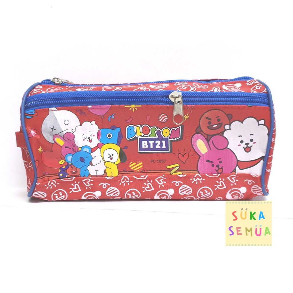 Tempat Pensil 2 Resleting BTS - BT21 // Kotak Pinsil Alat Tulis Wadah Kostak Pencil Case KPop Army-Merah