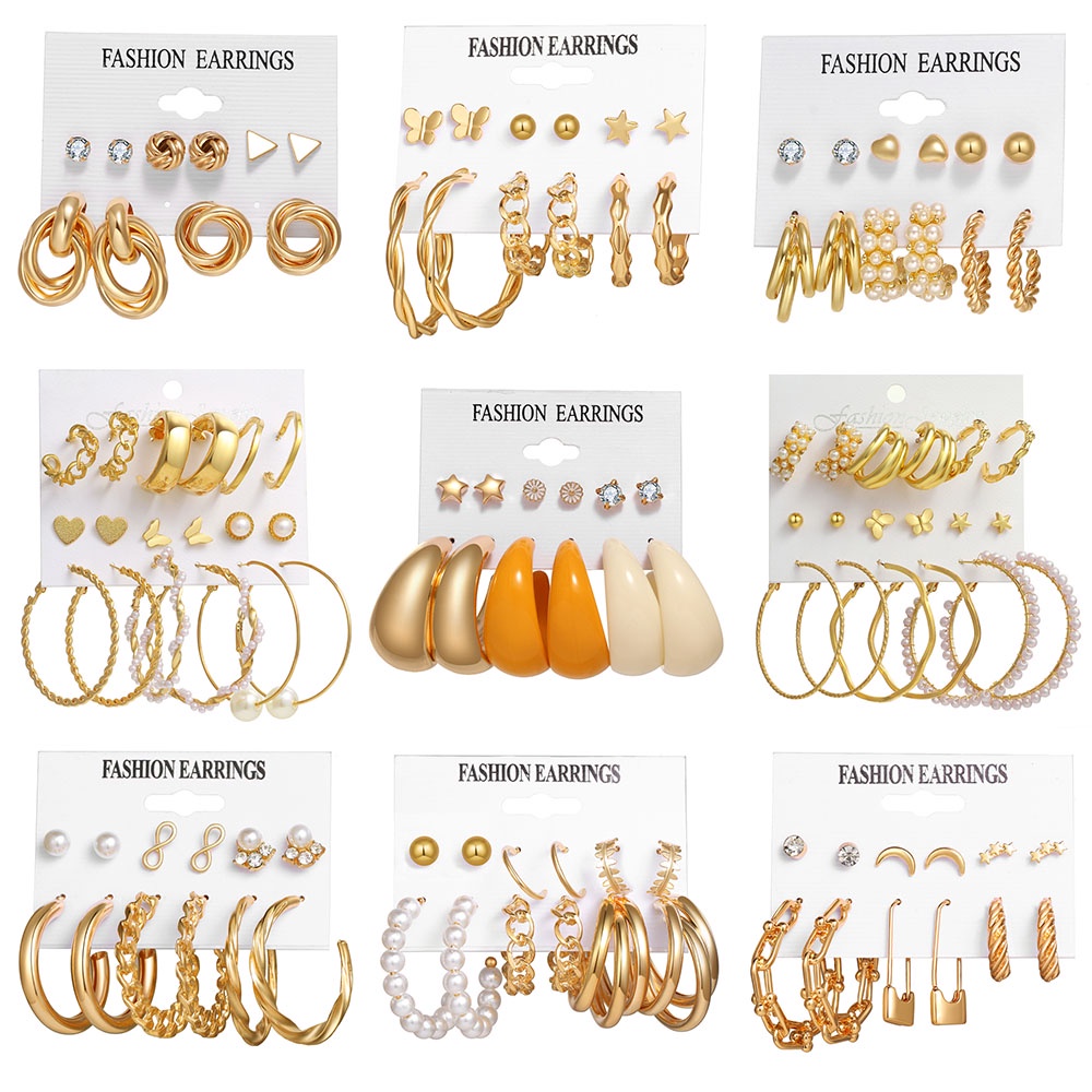 Luxury Pearl Gold Earrings Set Butterfly Star Stud Earrings Round Square Hoop Earrings Trend Women Jewelry Accessories